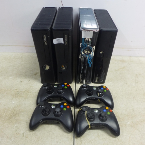 5083 - Three XBox 360 S consoles and an XBox 360 E console - includes a Halo edition XBox 360 S, also inclu... 