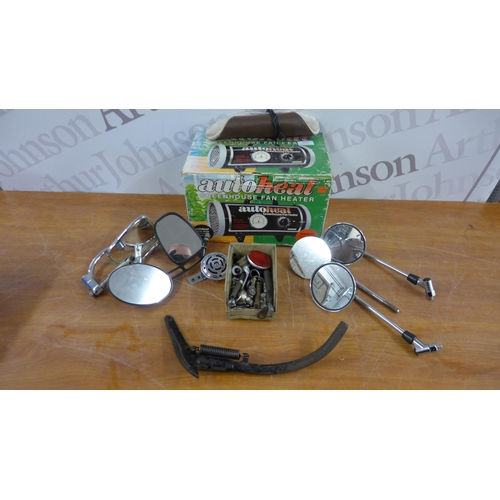 5251 - A collection of vintage wing mirrors, multi-purpose reflectors, an auto heat greenhouse fan heater a... 