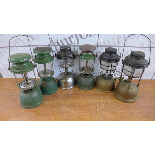 5253 - Six vintage paraffin pressure lanterns, including three Tilley lamps and three Bialaddin pressure la... 