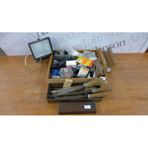 5255 - A box of assorted hand tools including, files, sharpening stone, nails, screws and other consumables