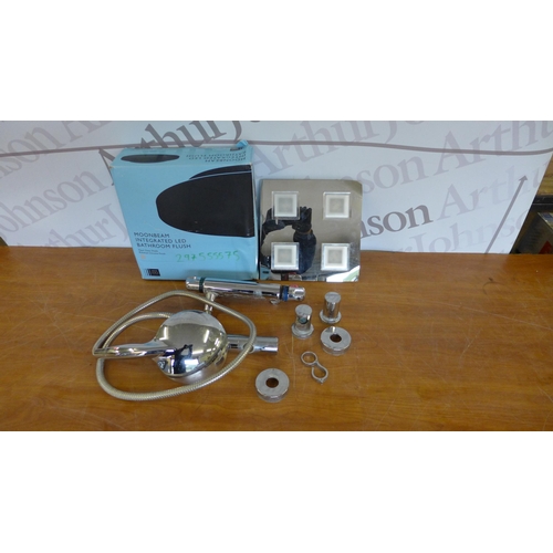 5259 - A box of various bathroom fittings, shower pipes and a Moonbeam integrated LED bathroom flush