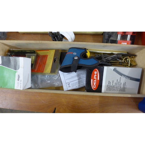 5268 - 3 boxes of assorted DIY items including, leather tool roll, stud detector, Tile cutter, mitre saw, e... 