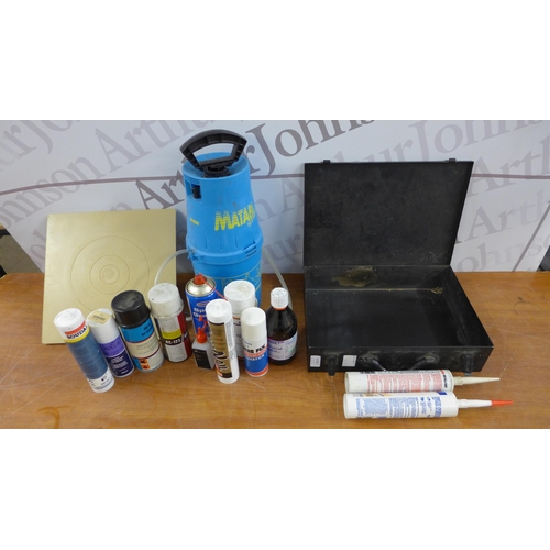 5270 - A metal tool case, plasterers float and assorted tubes of silicone with a Matabi Style 7 hand pump p... 