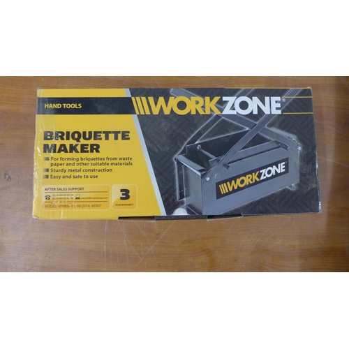 5280 - A box containing Workzone Briquette maker, Burgess electric sprayer and a quantity of shelving brack... 