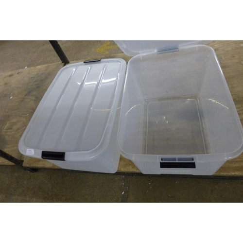 5295 - 2 x 50ltr clear plastic storage boxes with lids