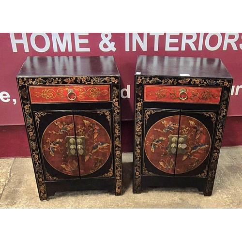 113 - A pair of Chinese red and black chinoiserie side cabinets