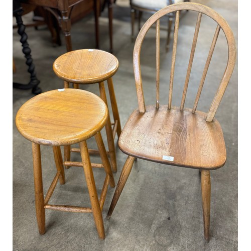 183 - An Ercol Blonde elm and beech Windsor chair & a pair of elm stools