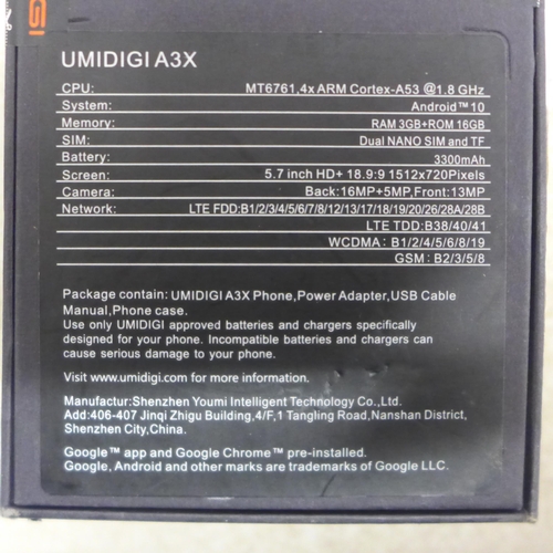 5123 - A midnight green Umidigi A3X smartphone - boxed and sealed