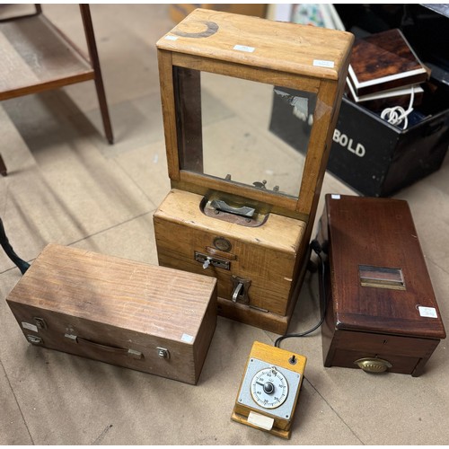 340 - An Edward VII mahogany cash drawer, a Blick clocking-in machine and a portable Wheatstone Bridge