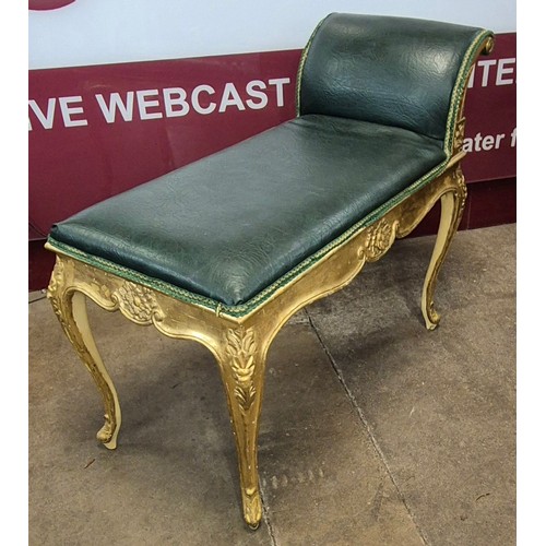 130 - A French Louis XIV style gilt wood and green faux leather window seat