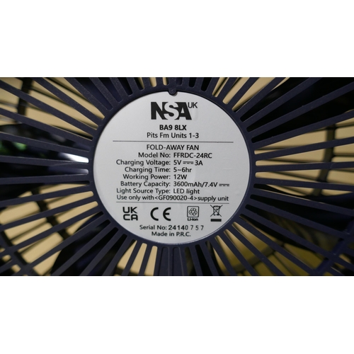 6023 - Nsa Folding Stand Fan with remote, power lead and box (336-161) *This lot is subject to Vat