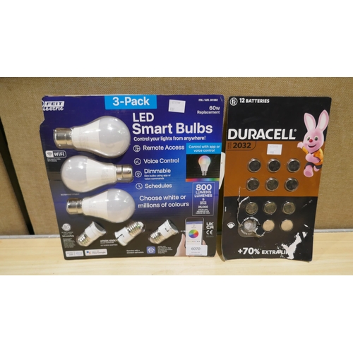 6070 - Feit Led Smart A60 Wi-Fi Bulbs and a pack of Duracell 2032 coin batteries  (337-139) *This lot is su... 