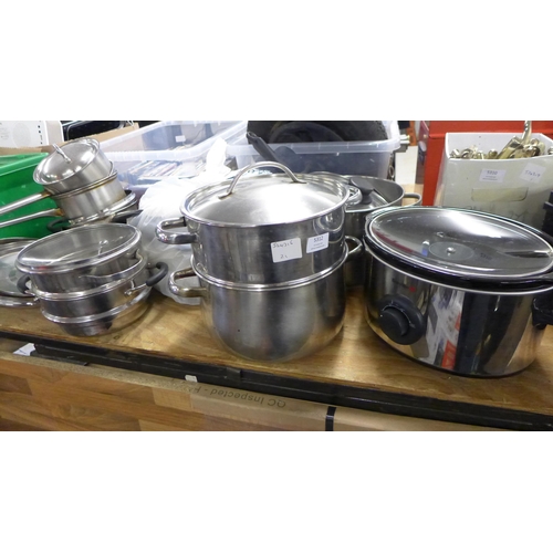 5312 - A large quantity of steel pots and lids and two slow cookers including Breville and Loyola