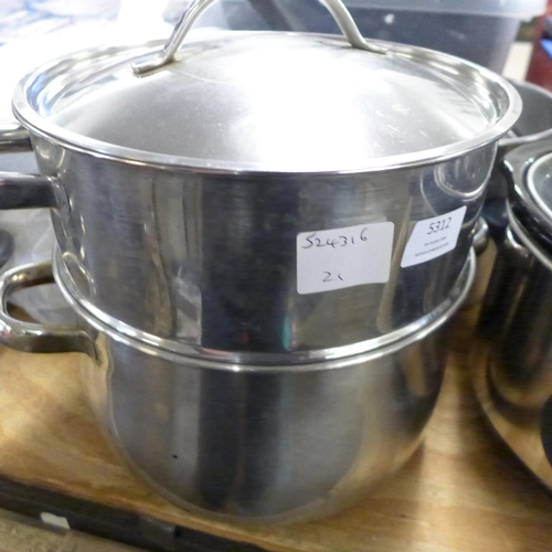 5312 - A large quantity of steel pots and lids and two slow cookers including Breville and Loyola