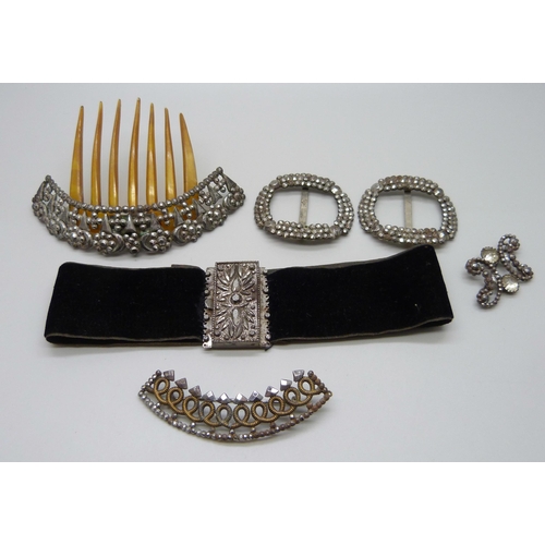 1007 - Georgian cut steel brooches, a hair comb, choker, and a pair of buckles