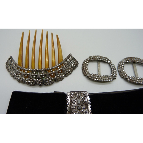 1007 - Georgian cut steel brooches, a hair comb, choker, and a pair of buckles