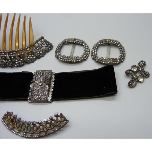 1007 - Georgian cut steel brooches, a hair comb, choker, and a pair of buckles