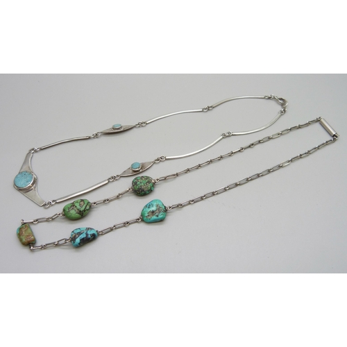 1034 - Two silver and turquoise set necklets, one unmarked, 23g total