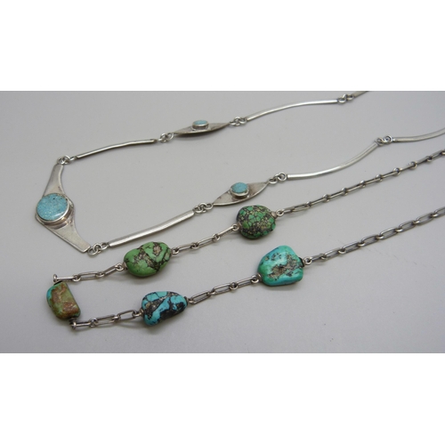 1034 - Two silver and turquoise set necklets, one unmarked, 23g total