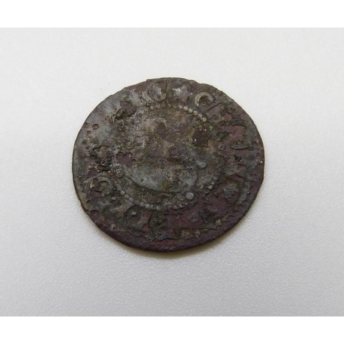 1038 - A silver half groat, together with a Boston halfpenny copper token