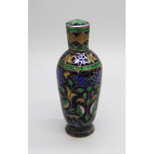 1041 - A cloisonné white metal and enamel scent bottle, 7cm tall, and another embossed scent bottle