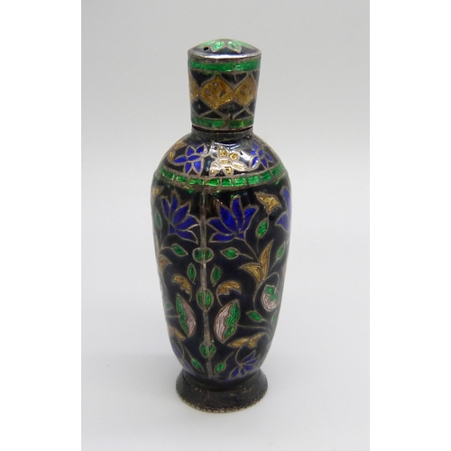 1041 - A cloisonné white metal and enamel scent bottle, 7cm tall, and another embossed scent bottle