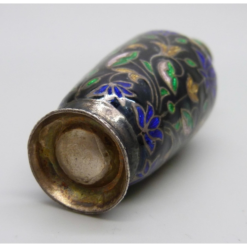 1041 - A cloisonné white metal and enamel scent bottle, 7cm tall, and another embossed scent bottle