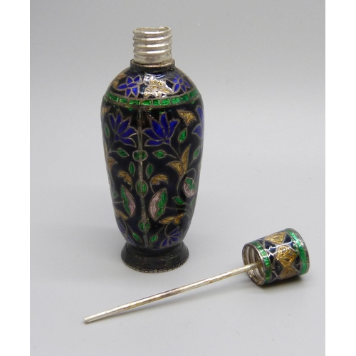 1041 - A cloisonné white metal and enamel scent bottle, 7cm tall, and another embossed scent bottle