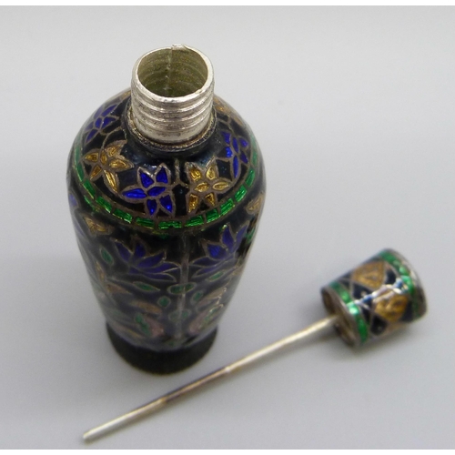 1041 - A cloisonné white metal and enamel scent bottle, 7cm tall, and another embossed scent bottle