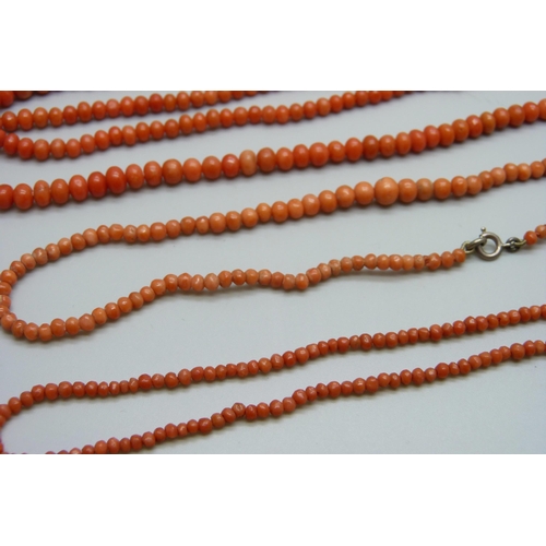 1044 - A collection of coral jewellery - four necklaces (one lacking clasp and one clasp a/f), 67g total, a... 