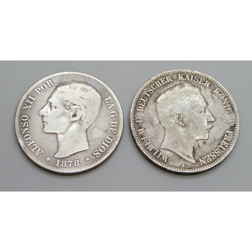 1045 - A 1903 German 5 mark coin, and an 1878 Spanish 5 pesetas coin