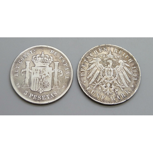 1045 - A 1903 German 5 mark coin, and an 1878 Spanish 5 pesetas coin