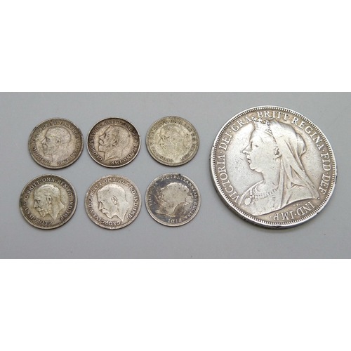 1047 - An 1896 crown together with four half silver three pence coins and two silver three pence coins