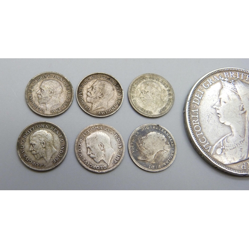 1047 - An 1896 crown together with four half silver three pence coins and two silver three pence coins