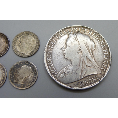 1047 - An 1896 crown together with four half silver three pence coins and two silver three pence coins