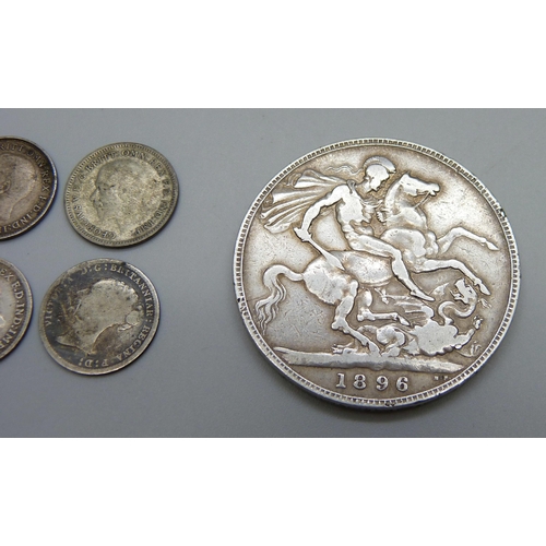 1047 - An 1896 crown together with four half silver three pence coins and two silver three pence coins