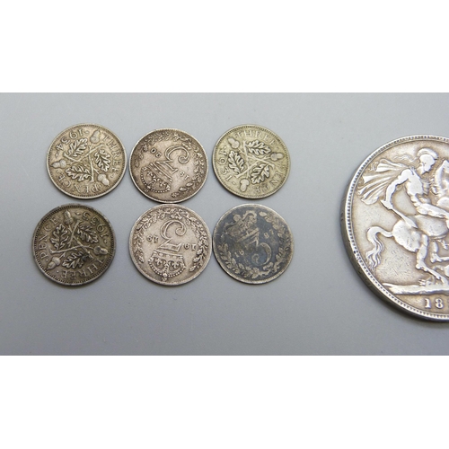 1047 - An 1896 crown together with four half silver three pence coins and two silver three pence coins