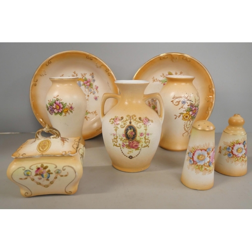 1068 - A collection of Crown Devon Fieldings blush ivory china; two small vases, pot, two dishes, salt and ... 