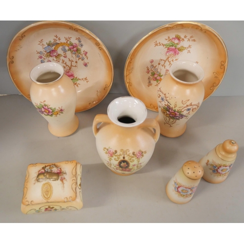 1068 - A collection of Crown Devon Fieldings blush ivory china; two small vases, pot, two dishes, salt and ... 