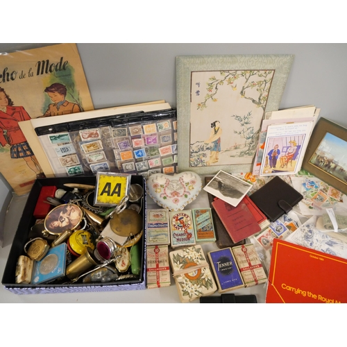 1070 - Two boxes of assorted items, Crown, AA badge, corkscrew, cigarette cards, sweetheart cushion, etc.