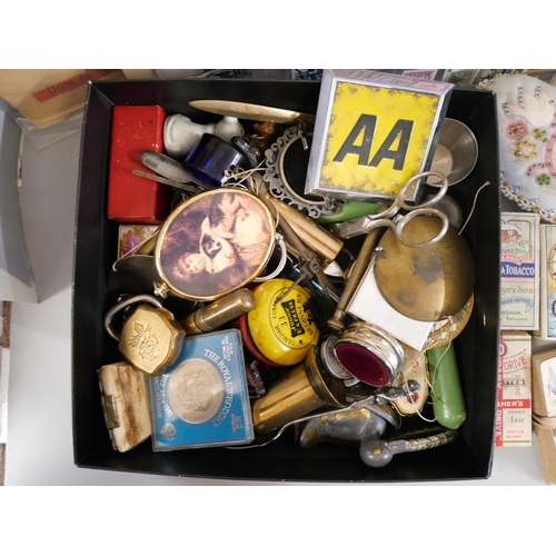 1070 - Two boxes of assorted items, Crown, AA badge, corkscrew, cigarette cards, sweetheart cushion, etc.