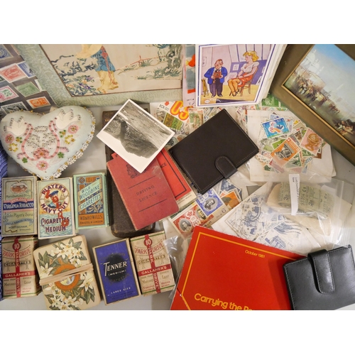 1070 - Two boxes of assorted items, Crown, AA badge, corkscrew, cigarette cards, sweetheart cushion, etc.