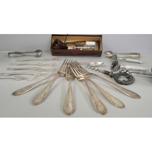 1074 - Two pairs of sugar spoons, a 1937 Coronation spoon, collection of forks, two corkscrews and razors