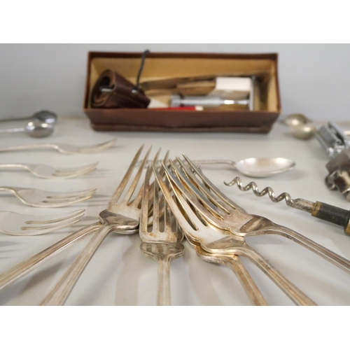 1074 - Two pairs of sugar spoons, a 1937 Coronation spoon, collection of forks, two corkscrews and razors