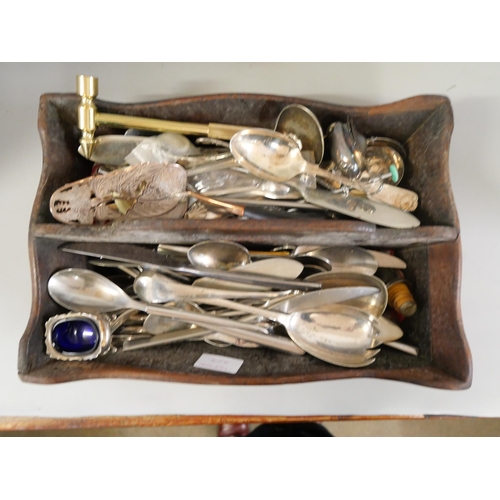 1076 - A Georgian wooden cutlery box with silver plated cutlery and other items