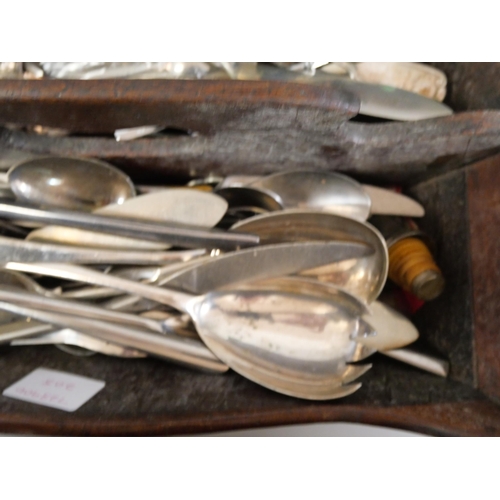 1076 - A Georgian wooden cutlery box with silver plated cutlery and other items