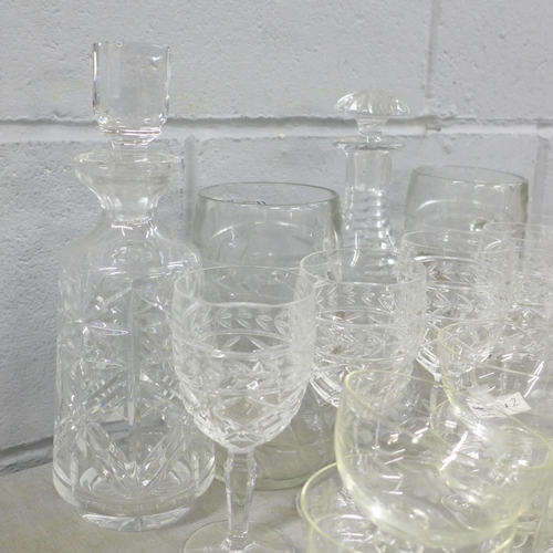 1105 - Two boxes of mixed glassware including two decanters and a controlled bubble red glass vase **PLEASE... 