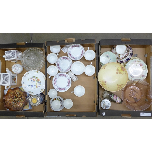 1116 - Three boxes of china and glass including two Wade teapots and a silver rimmed vase, a/f **PLEASE NOT... 