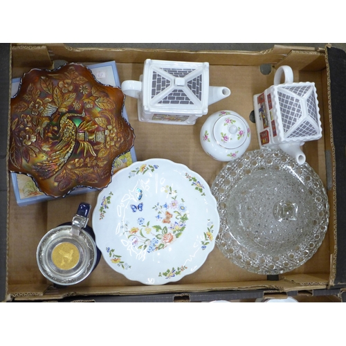 1116 - Three boxes of china and glass including two Wade teapots and a silver rimmed vase, a/f **PLEASE NOT... 