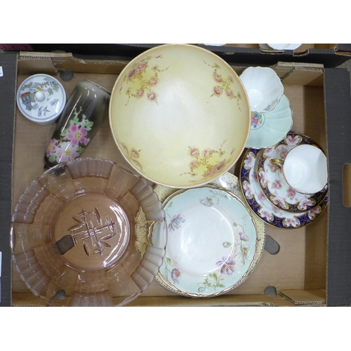 1116 - Three boxes of china and glass including two Wade teapots and a silver rimmed vase, a/f **PLEASE NOT... 